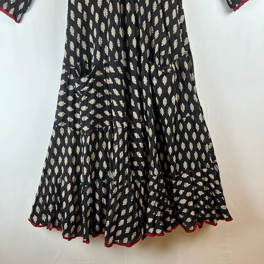 Passementrie Womens Black Sante Fe Tiered Midi Dress 3/4 Sleeve Small Boho - Picture 5 of 9